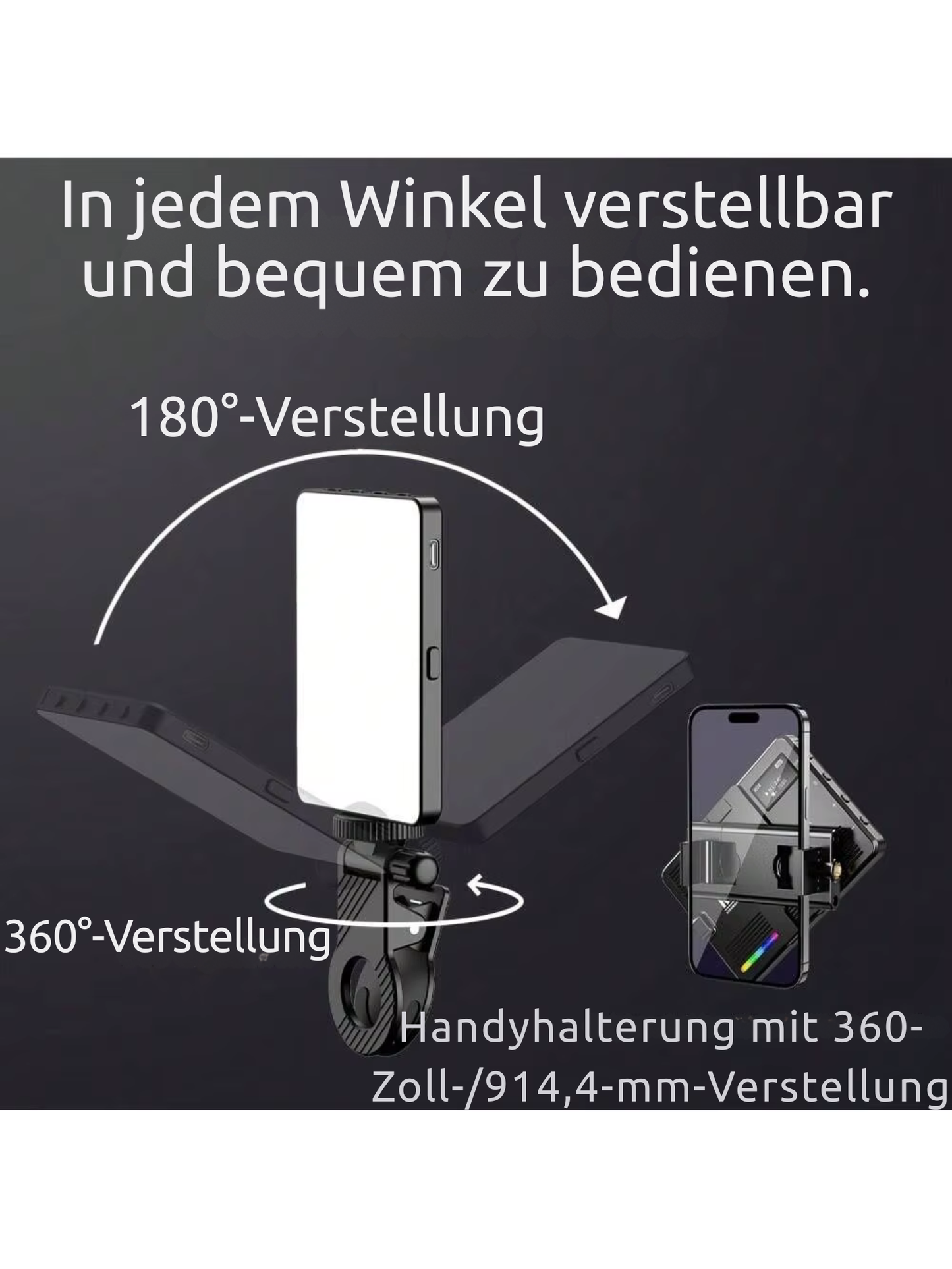 Rechargeable selfie light, fill light with clip, video light for selfies.