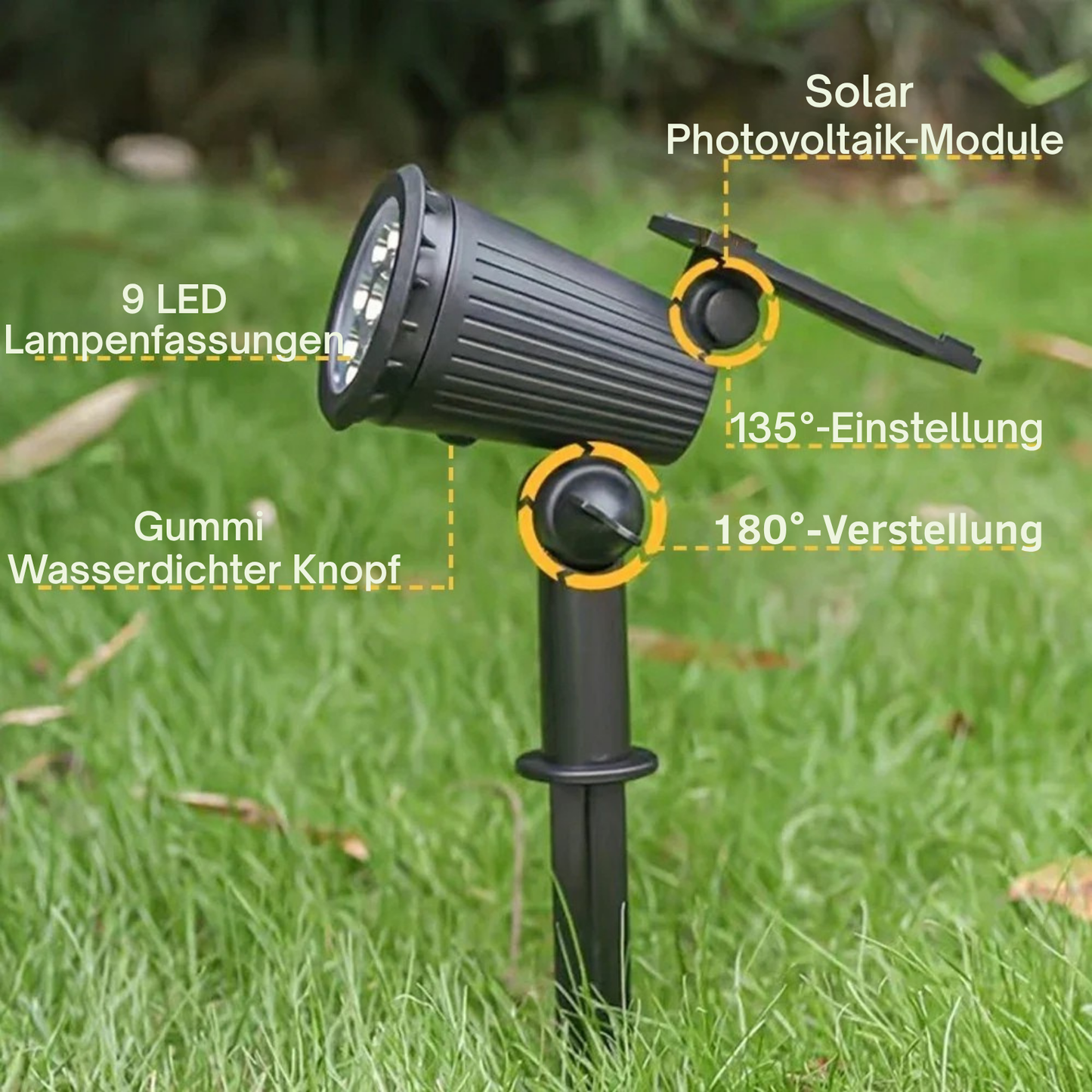 9-LED-Solarstrahler, IP65, wasserdicht, für den Außenbereich.