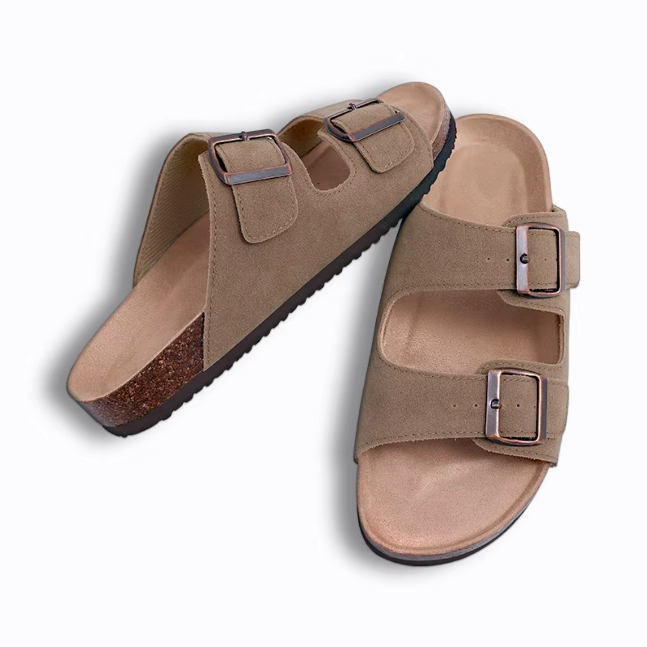 Sandales Komwarm en liège pour femmes et hommes, sabots neufs avec double boucle, mules tendance en daim, chaussures de plage antidérapantes 