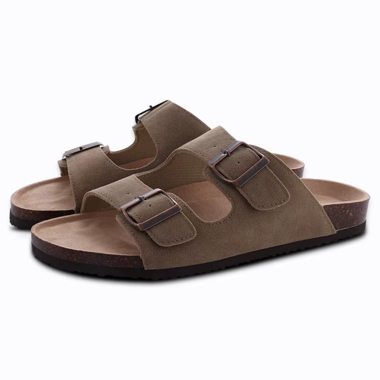 Sandales Komwarm en liège pour femmes et hommes, sabots neufs avec double boucle, mules tendance en daim, chaussures de plage antidérapantes 