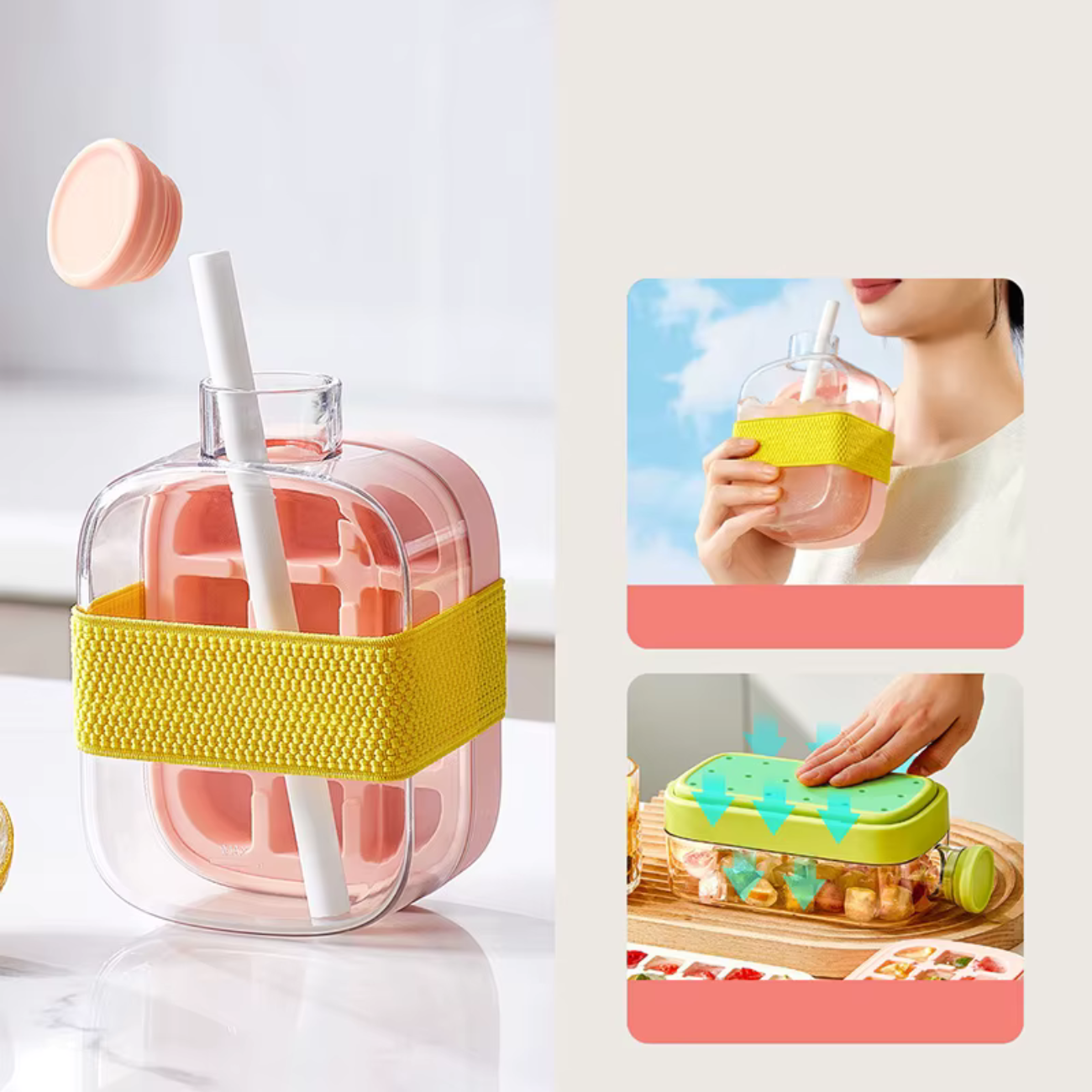 Presse à glaçons avec couvercle, qualité alimentaire, paille, seau à glace à double usage, motif de glace, accessoires de bar de cuisine. 
