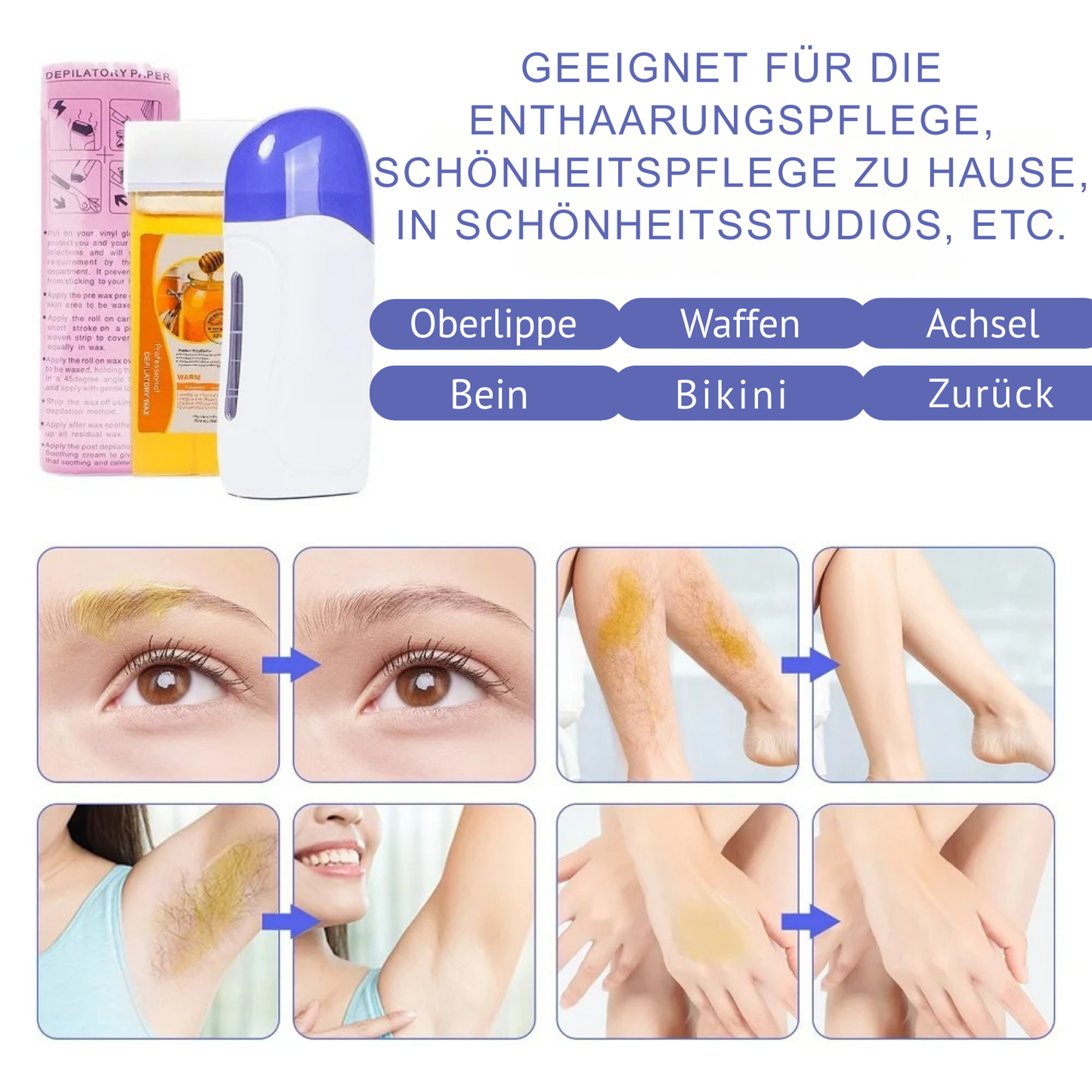 Chauffe-cire à rouleau pour épilation, machine avec crème de cire rechargeable et 100 morceaux de papier ciré pour l'épilation