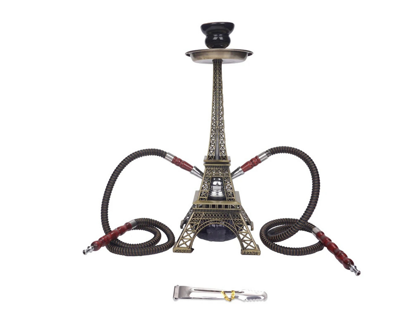 Narguilé tour, double tuyaux pour narguilé, base en verre, bol en céramique, pince à charbon.