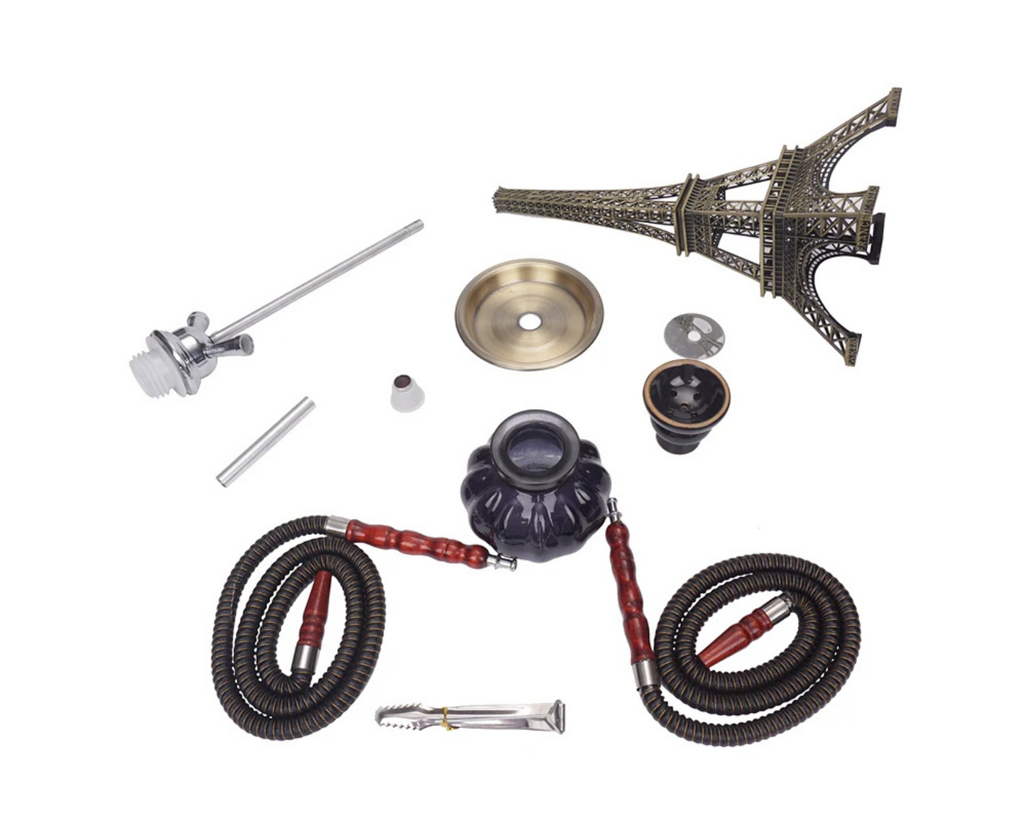 Narguilé tour, double tuyaux pour narguilé, base en verre, bol en céramique, pince à charbon.