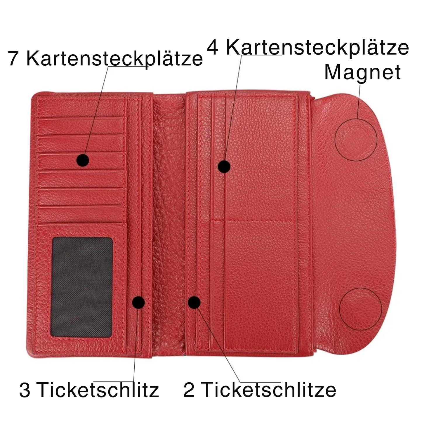 RFID long wallet for women made of genuine leather, with multiple slots.