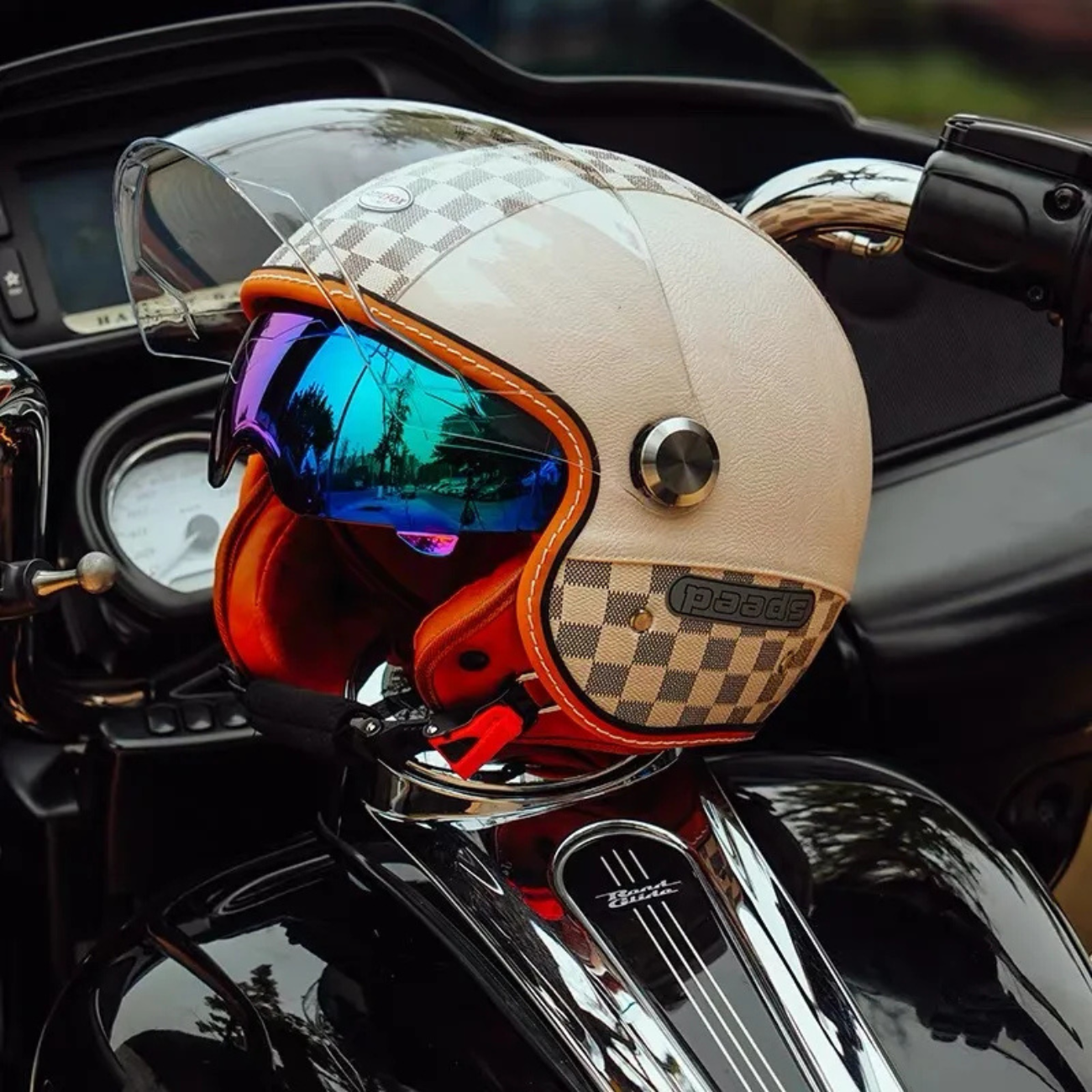Open face leather motorcycle helmets.