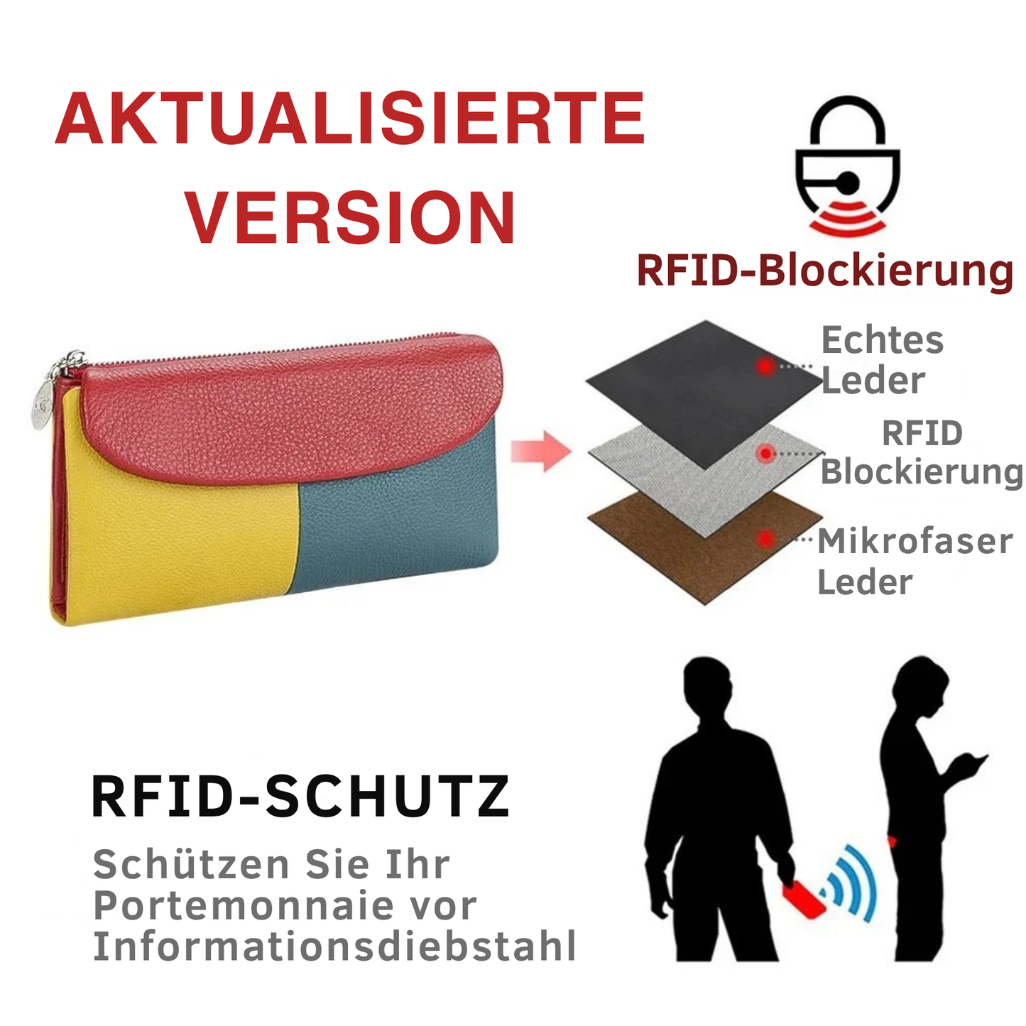 RFID long wallet for women made of genuine leather, with multiple slots.