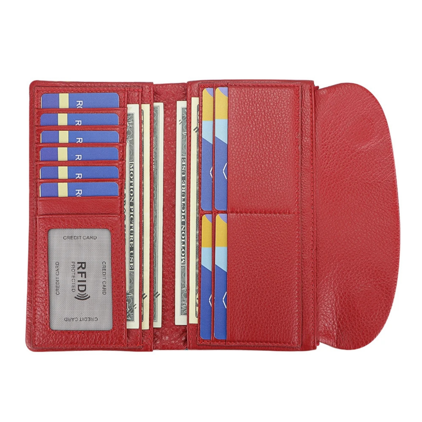 RFID long wallet for women made of genuine leather, with multiple slots.
