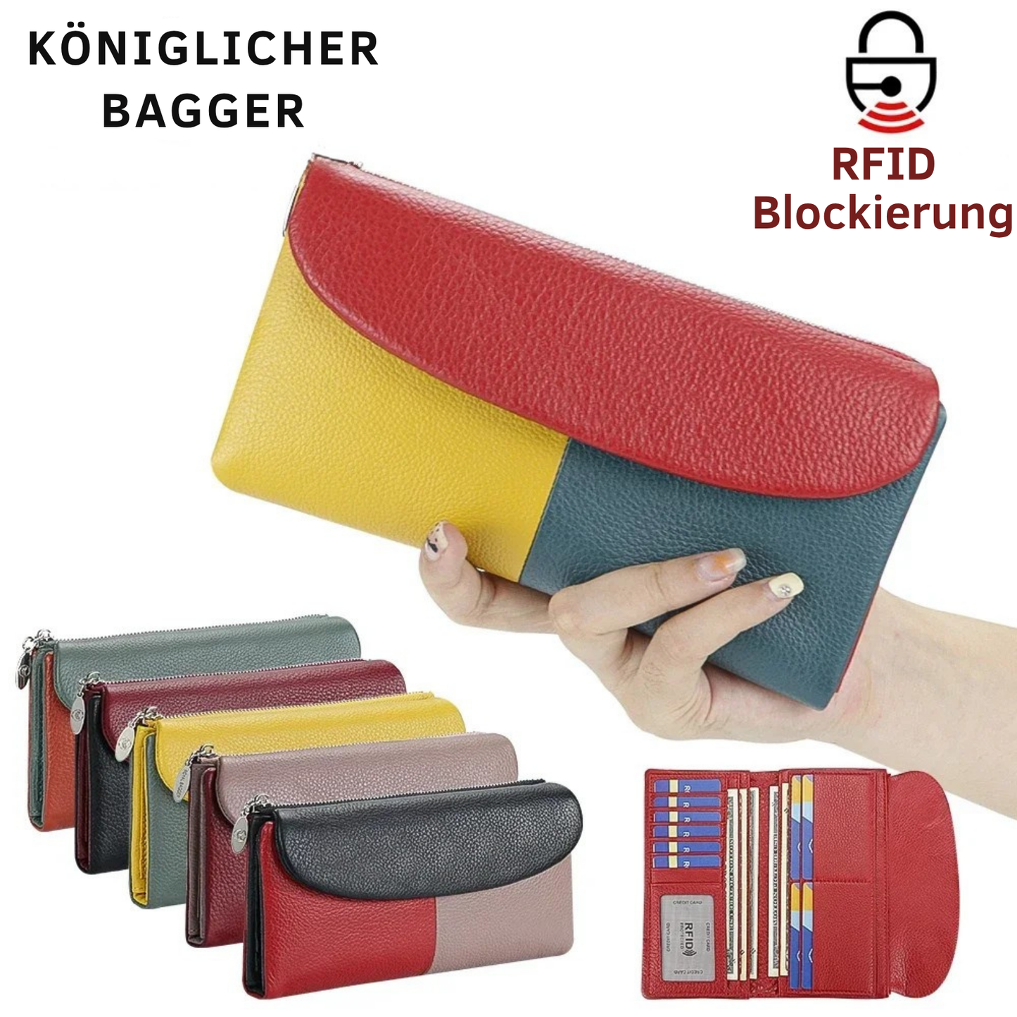 RFID long wallet for women made of genuine leather, with multiple slots.