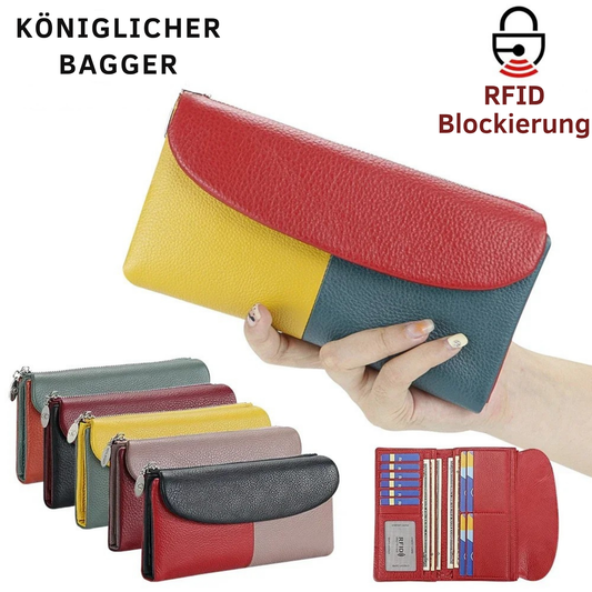 RFID long wallet for women made of genuine leather, with multiple slots.