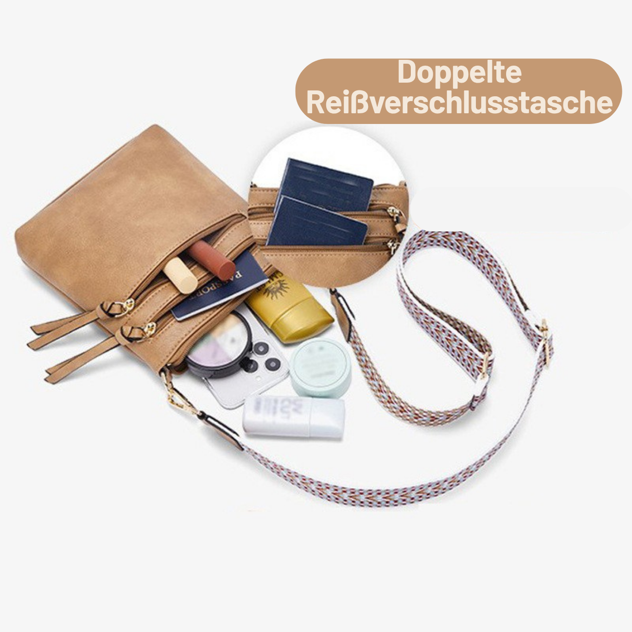 Sac bandoulière vertical pour femme avec plusieurs poches zippées.