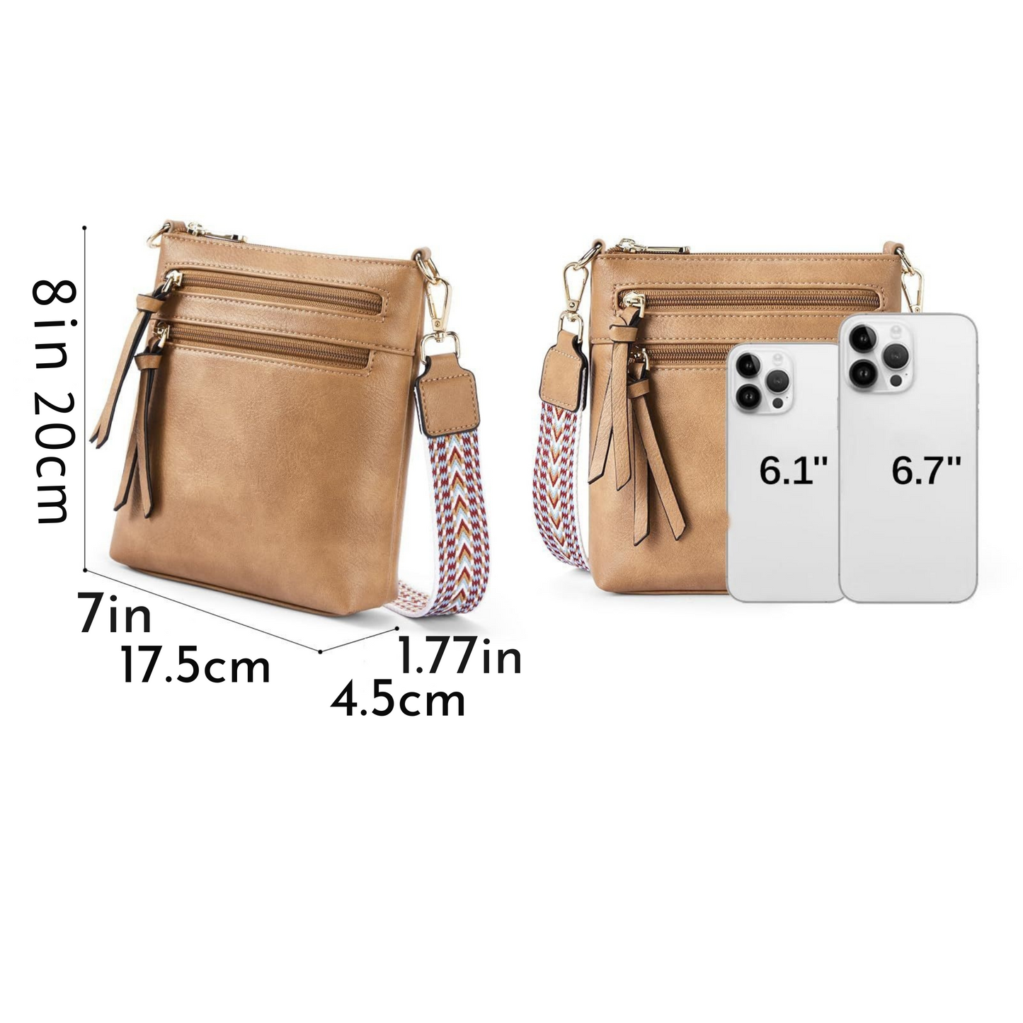 Sac bandoulière vertical pour femme avec plusieurs poches zippées.
