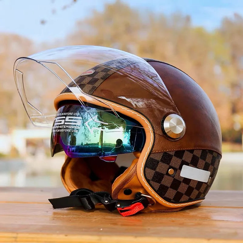 Open face leather motorcycle helmets.