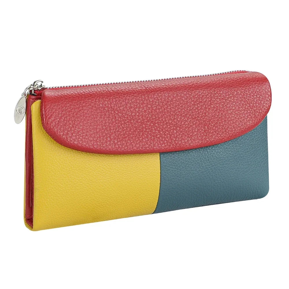 RFID long wallet for women made of genuine leather, with multiple slots.