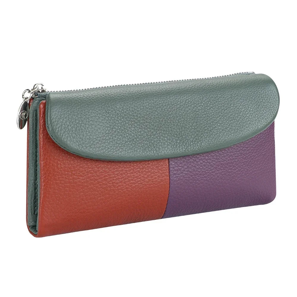 RFID long wallet for women made of genuine leather, with multiple slots.