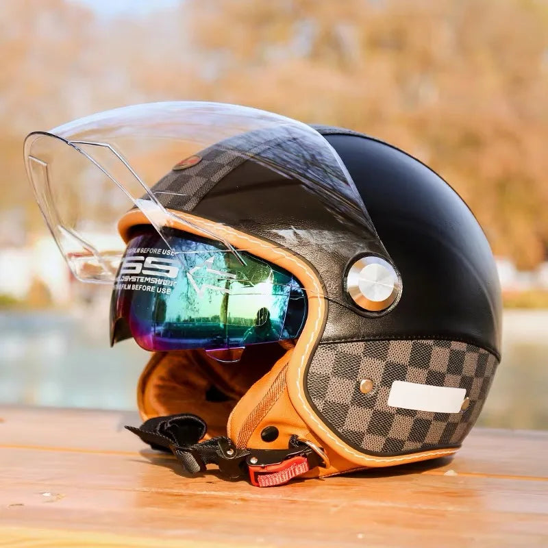 Open face leather motorcycle helmets.