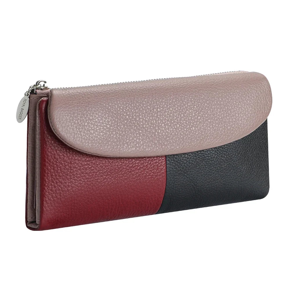 RFID long wallet for women made of genuine leather, with multiple slots.