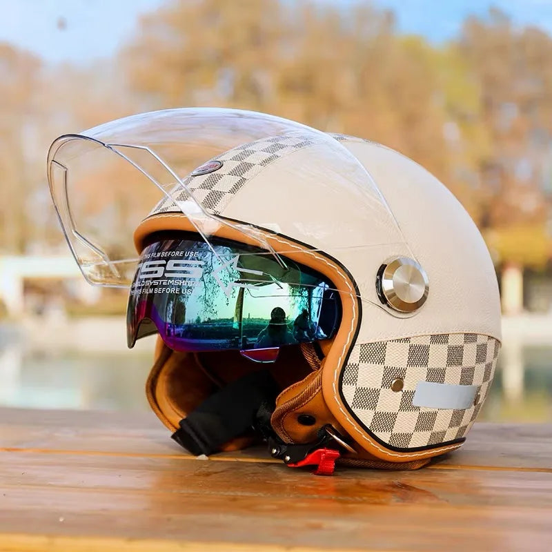 Open face leather motorcycle helmets.