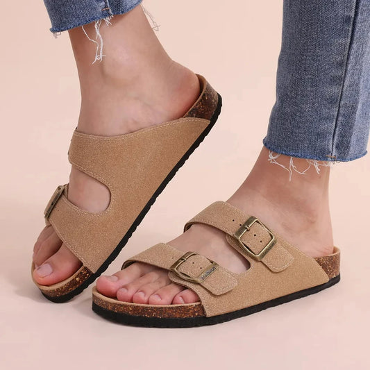 Sandales Komwarm en liège pour femmes et hommes, sabots neufs avec double boucle, mules tendance en daim, chaussures de plage antidérapantes 