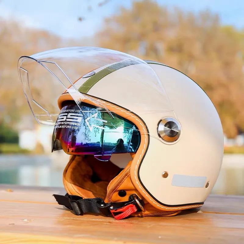 Open face leather motorcycle helmets.