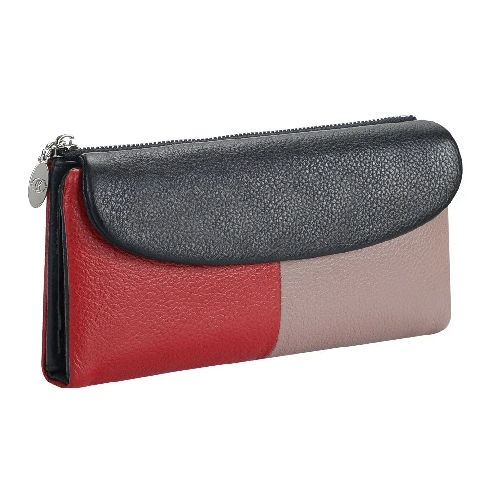RFID long wallet for women made of genuine leather, with multiple slots.