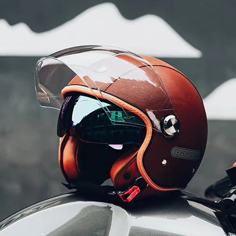 Open face leather motorcycle helmets.