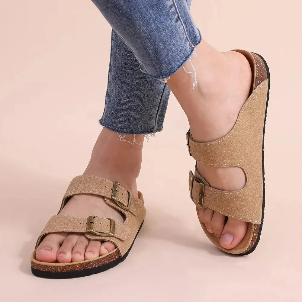Sandales Komwarm en liège pour femmes et hommes, sabots neufs avec double boucle, mules tendance en daim, chaussures de plage antidérapantes 