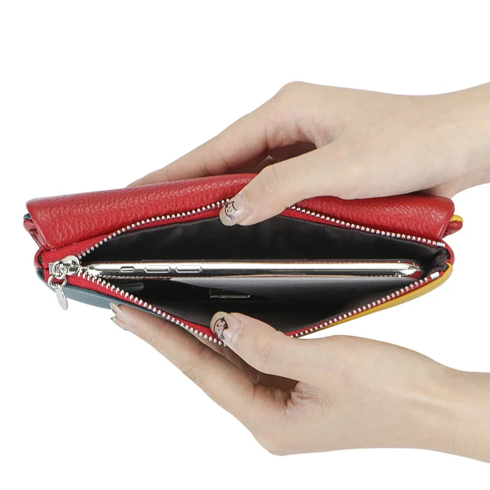 RFID long wallet for women made of genuine leather, with multiple slots.