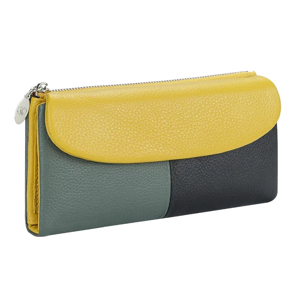 RFID long wallet for women made of genuine leather, with multiple slots.