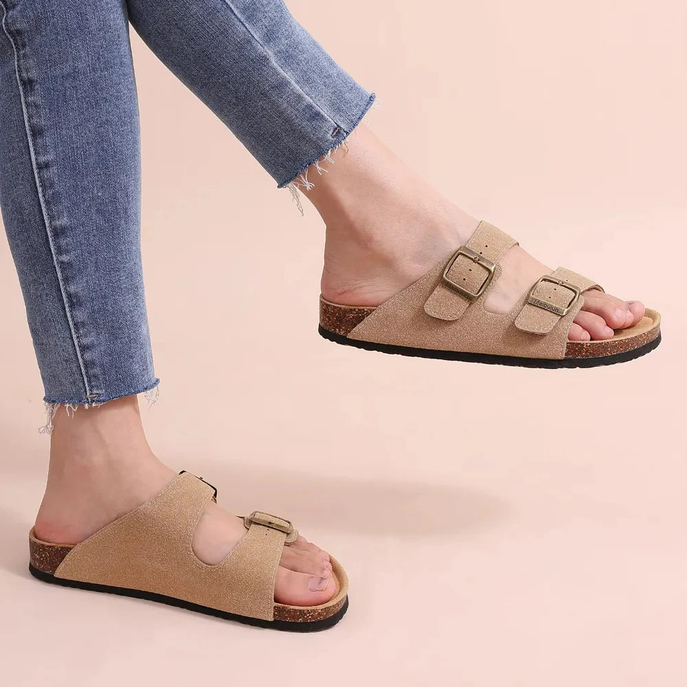 Sandales Komwarm en liège pour femmes et hommes, sabots neufs avec double boucle, mules tendance en daim, chaussures de plage antidérapantes 