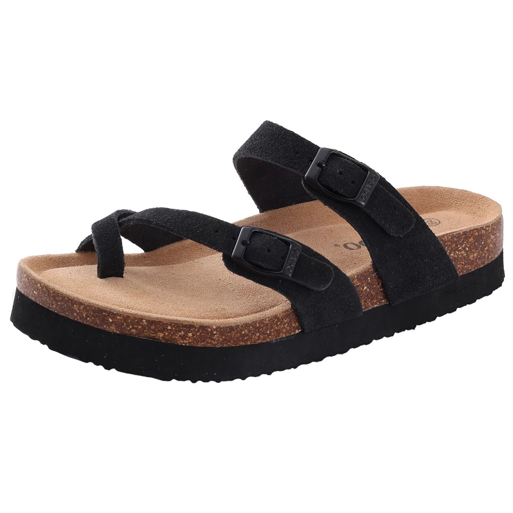 Sandales Komwarm en liège pour femmes et hommes, sabots neufs avec double boucle, mules tendance en daim, chaussures de plage antidérapantes 