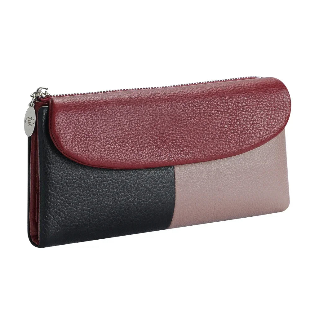 RFID long wallet for women made of genuine leather, with multiple slots.