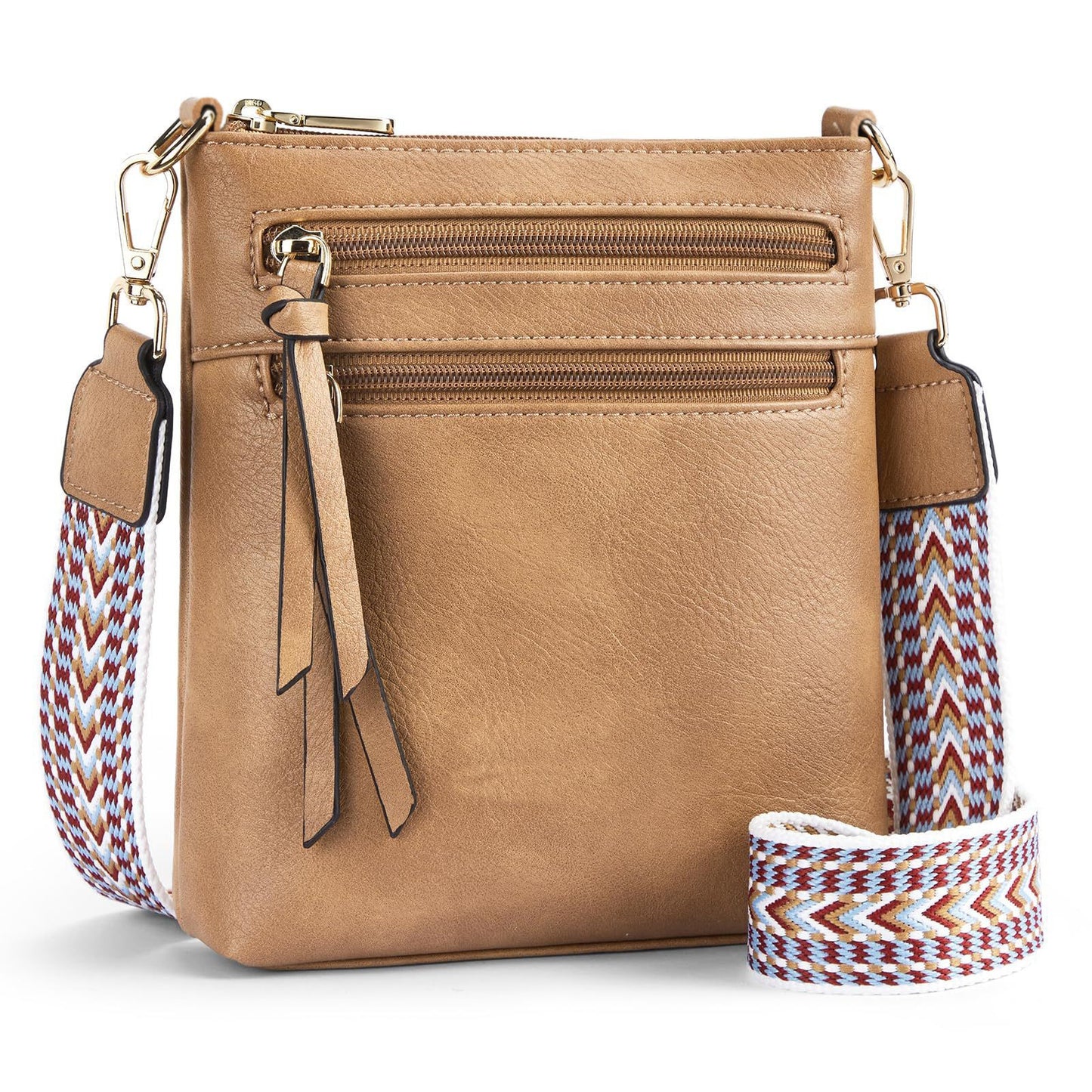 Sac bandoulière vertical pour femme avec plusieurs poches zippées.