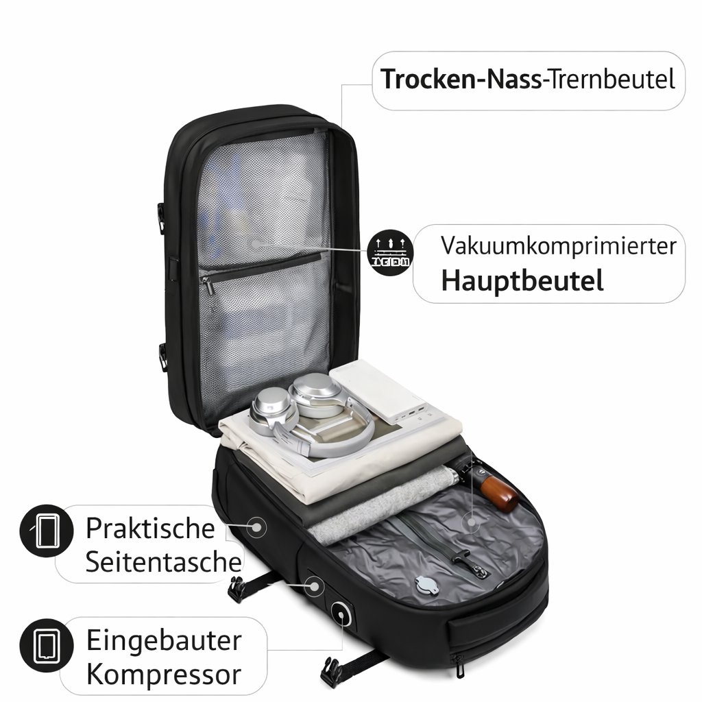 Vacuum compression luggage trolley backpack.