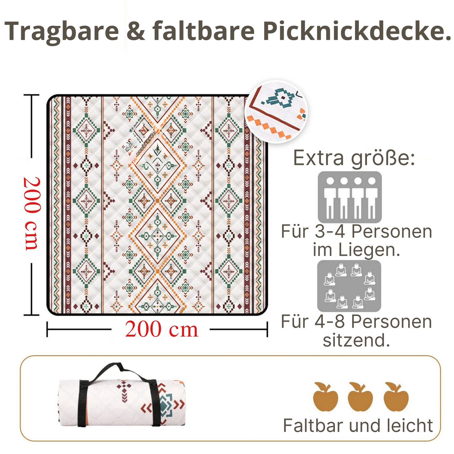 Couverture de pique-nique imperméable, 200 x 200 cm, grande couverture de plage.